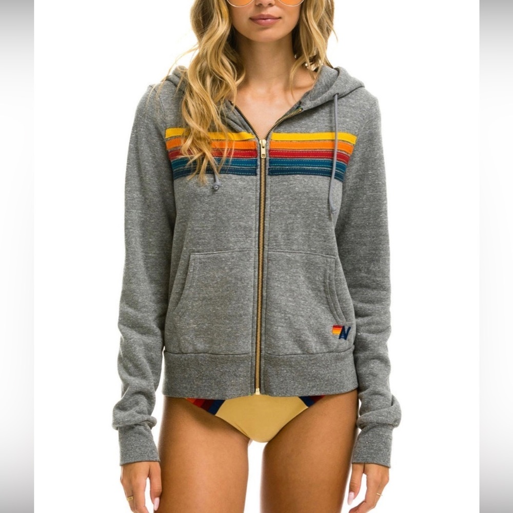 Aviator Nation 5 Stripe Hoodie Unisex Hoodie 5 Stripes Heather Grey Size Large